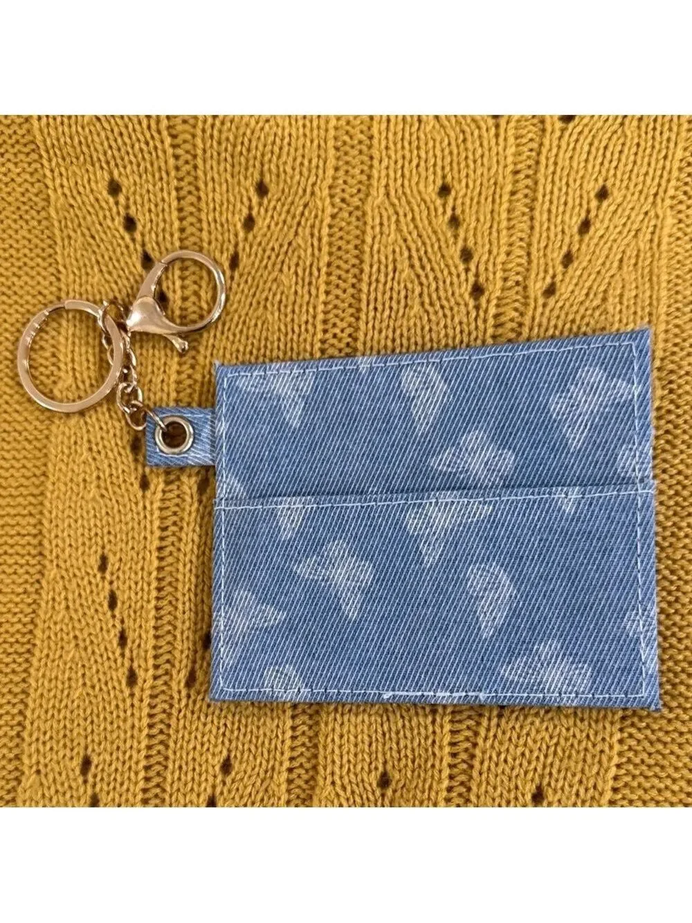 Blue Floral Denim Keychain Wallet set of two keychains Credit card holder